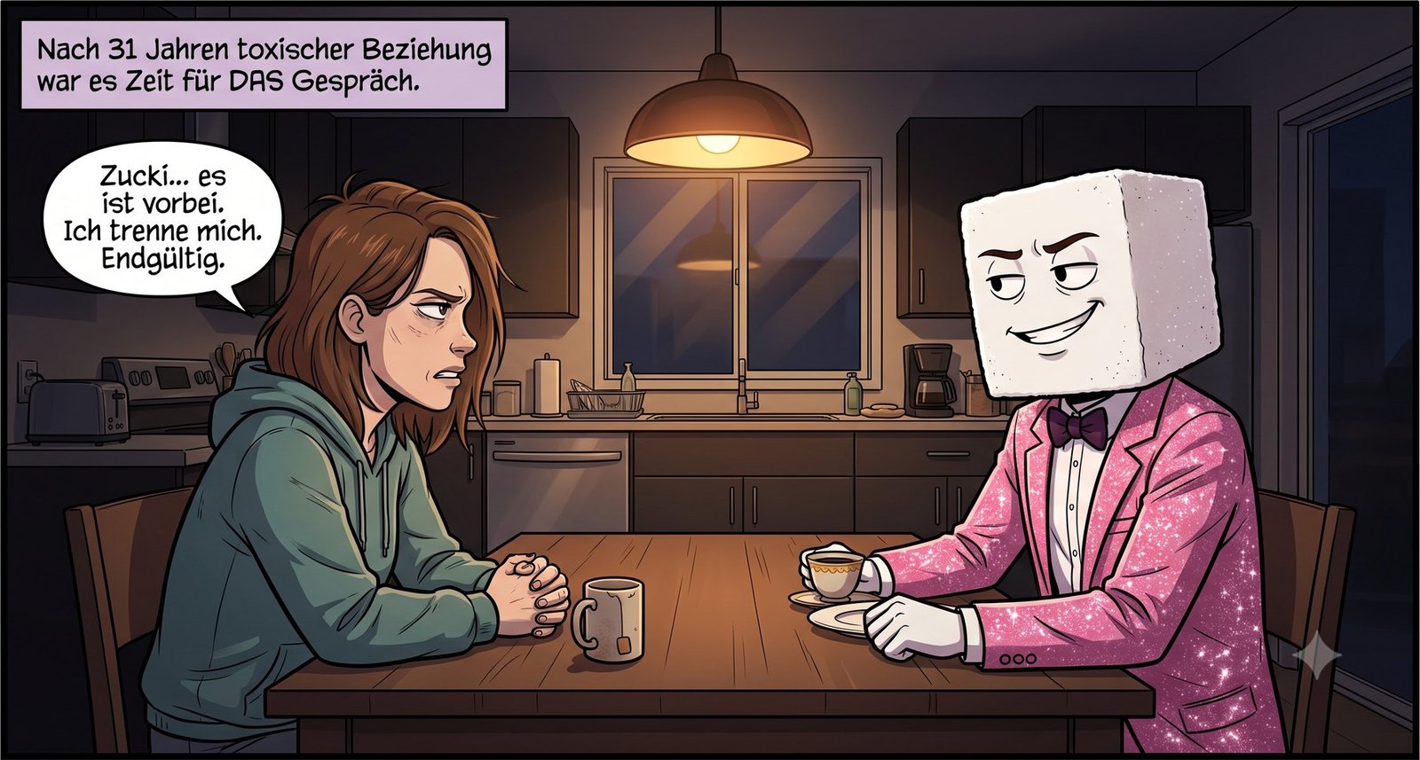 Nächtliche Küche. Mia sitzt im Kapuzenpulli am Tisch und sagt: Zucki, es ist vorbei, ich trenne mich, endgültig. Ihr gegenüber sitzt Zucki im rosa Glitzeranzug mit Teetasse und grinst überlegen. Textkasten: Nach 31 Jahren toxischer Beziehung war es Zeit für DAS Gespräch.