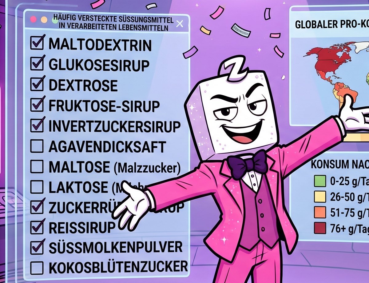 Zucki hakt in seiner Kommandozentrale eine Liste versteckter Süßungsmittel ab: Maltodextrin, Glukosesirup, Dextrose, Fruktose-Sirup, Invertzuckersirup, Agavendicksaft, Maltose, Laktose, Reissirup, Süßmolkenpulver, Kokosblütenzucker